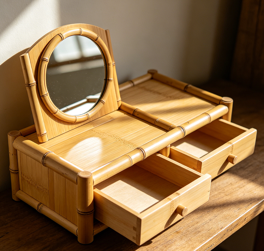 Solid Bamboo Small Vanity with Mirror and Two Pull-Out Trays